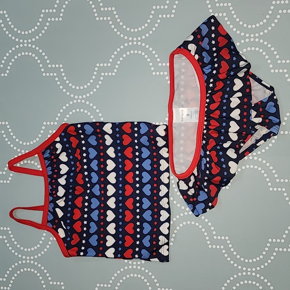 Carter’s Baby Girl Two Piece Ruffle bottom Red, white & blie hearts Size 9M